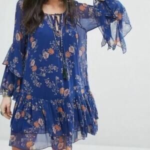 Free People Sunsetter Mini Ruffle Slip Tunic Dress Blue Floral Size XS Boho